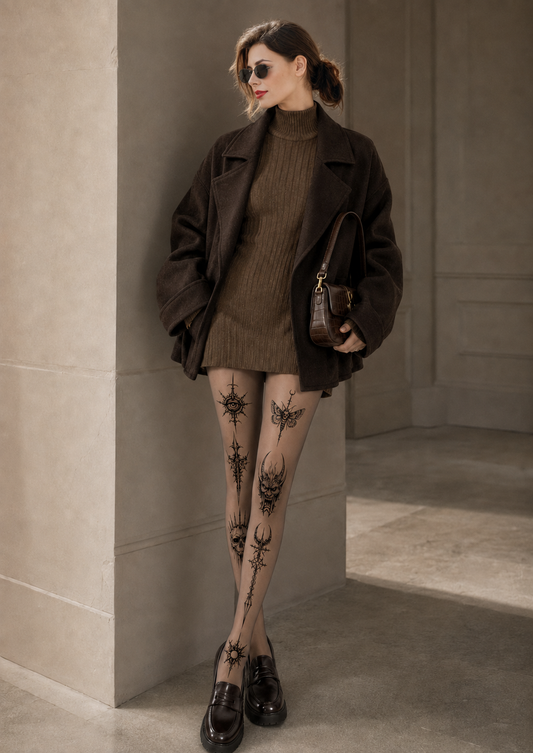 Nude Gothic Blackwork Tattoo Print Tights H68-14