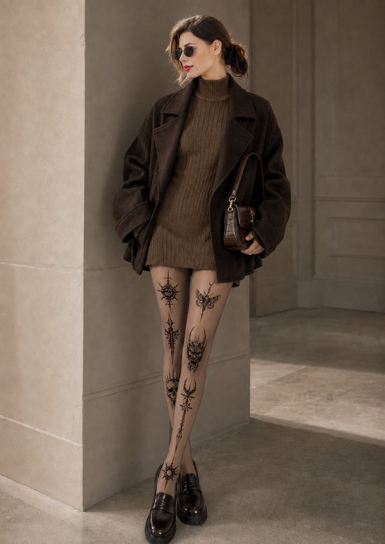 Nude Gothic Blackwork Tattoo Print Tights H68-14