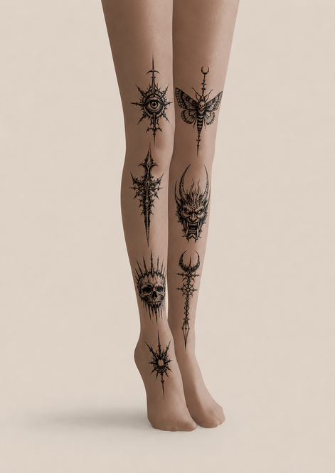 Nude Gothic Blackwork Tattoo Print Tights H68-14