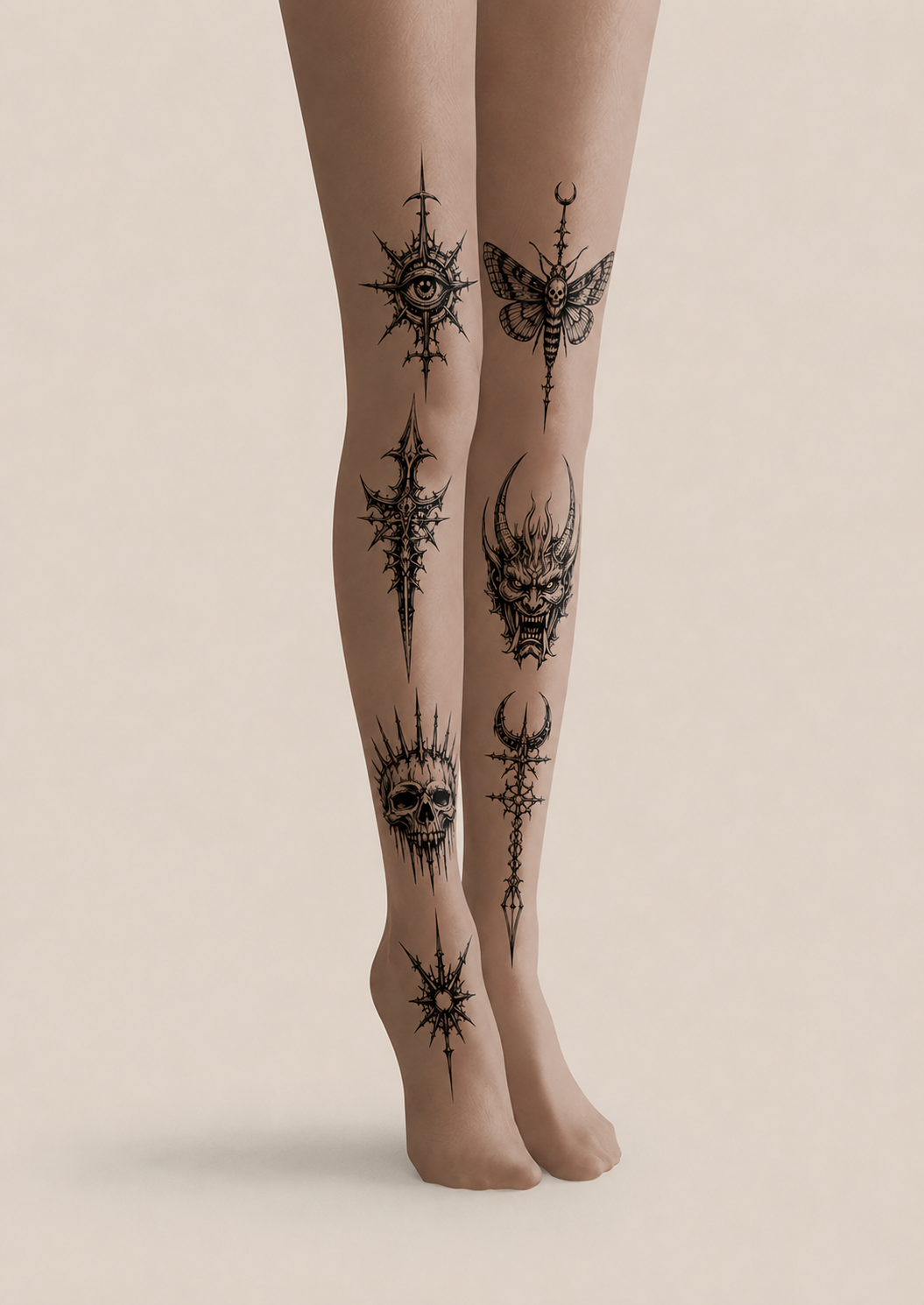 Nude Gothic Blackwork Tattoo Print Tights H68-14