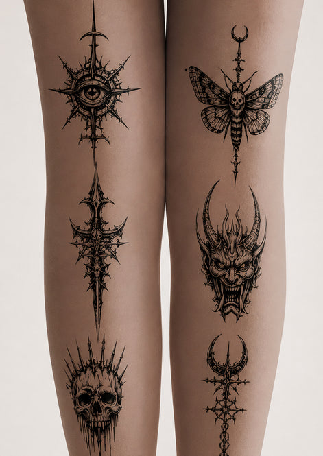Nude Gothic Blackwork Tattoo Print Tights H68-14