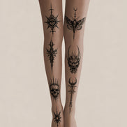 Nude Gothic Blackwork Tattoo Print Tights H68-14