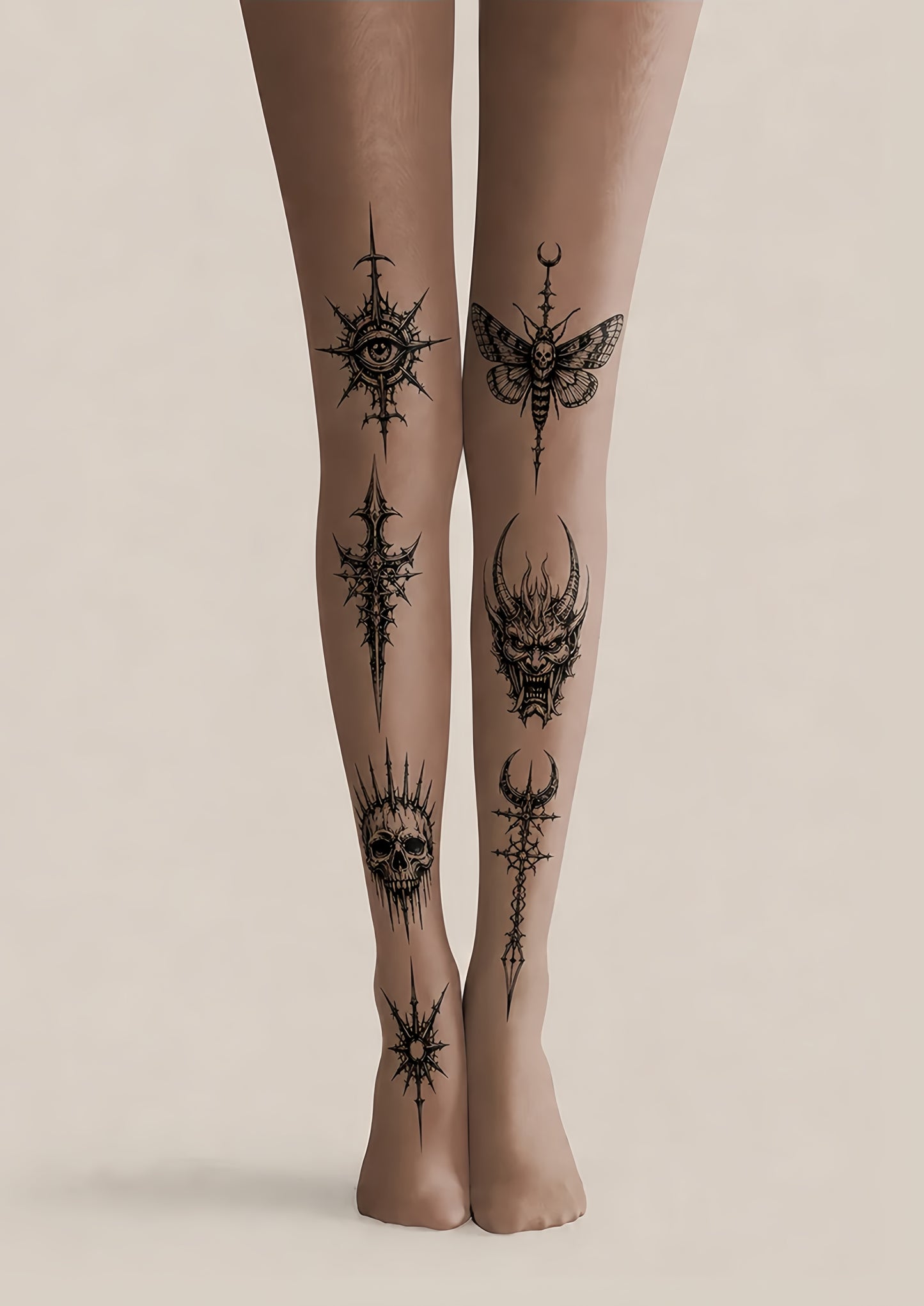 Nude Gothic Blackwork Tattoo Print Tights H68-14