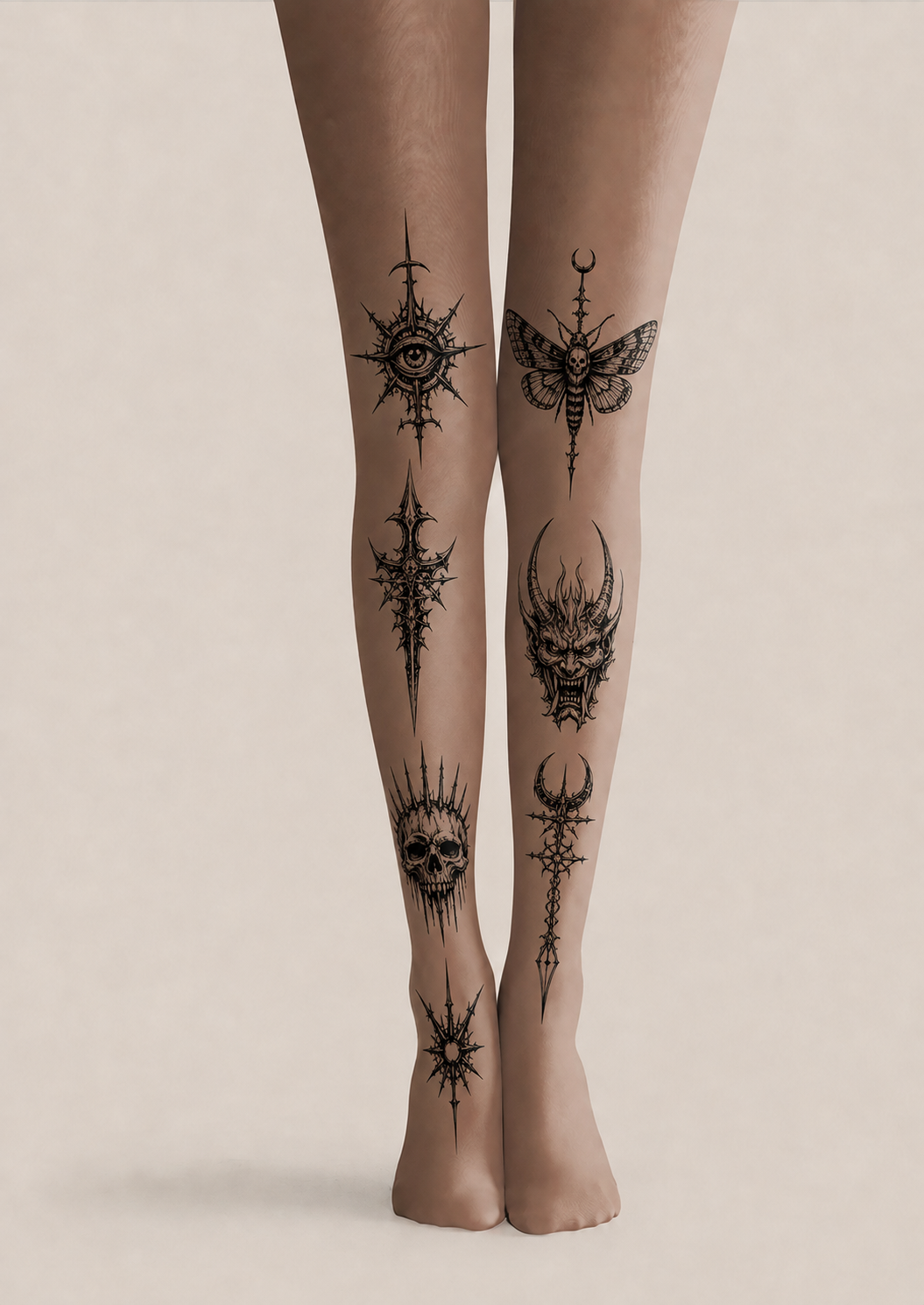 Nude Gothic Blackwork Tattoo Print Tights H68-14