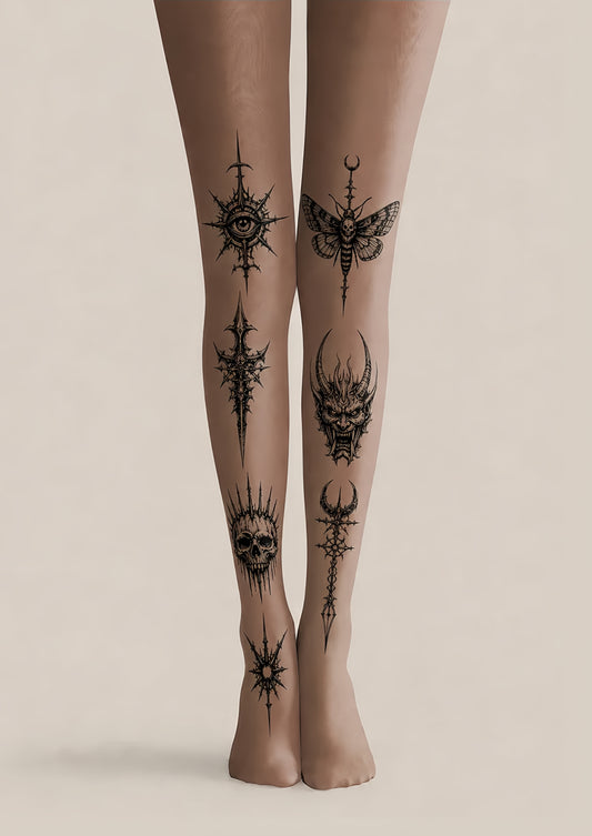 Nude Gothic Blackwork Tattoo Print Tights H68-14
