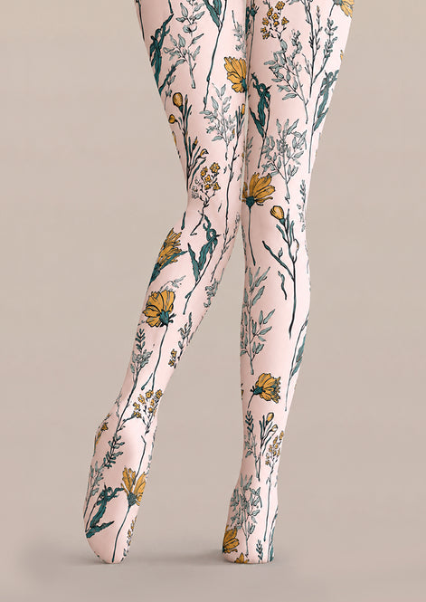 Yellow Daisy Floral Printed Tights Beige Pantyhose H68-2