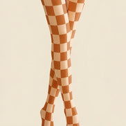 Orange Checkerboard Plaid Patterned Tights Pantyhose H68-20