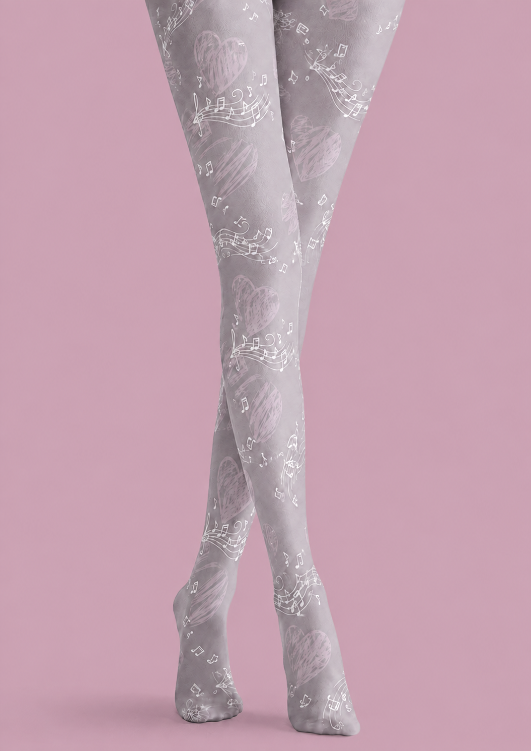 Gray Music Note Heart Tights Patterned Pantyhose H68-26