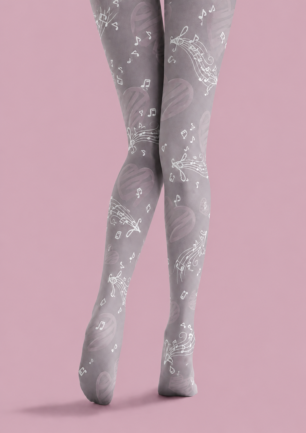 Gray Music Note Heart Tights Patterned Pantyhose H68-26