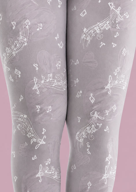 Gray Music Note Heart Tights Patterned Pantyhose H68-26