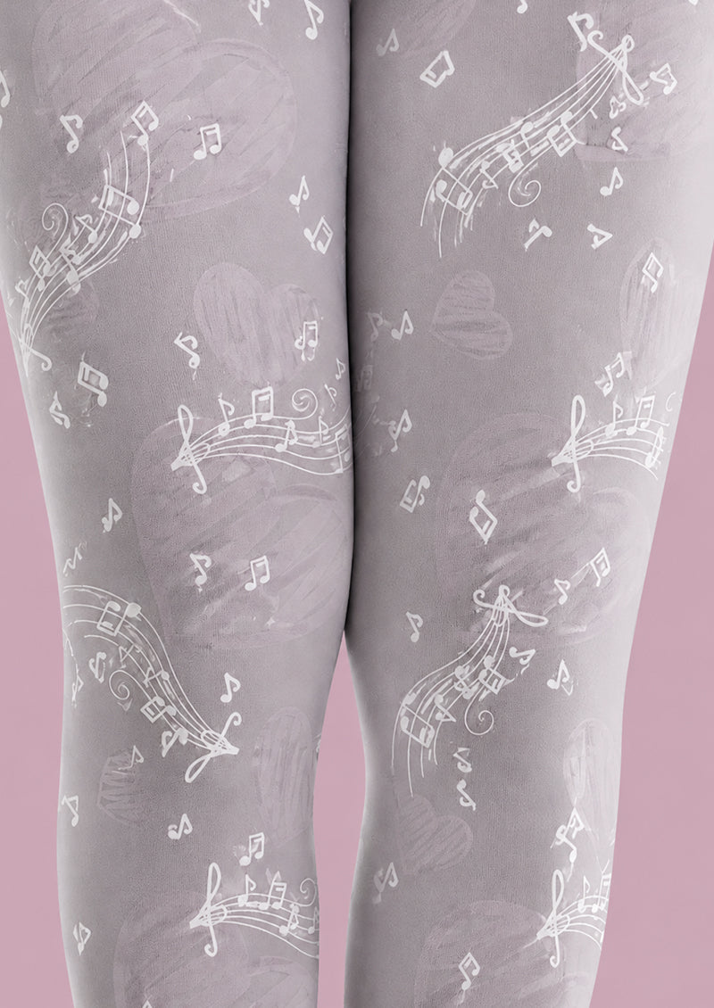 Gray Music Note Heart Tights Patterned Pantyhose H68-26
