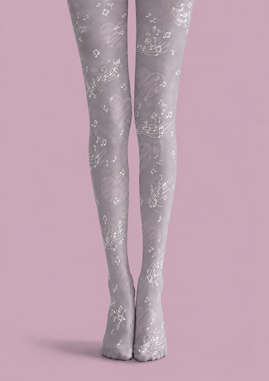 Gray Music Note Heart Tights Patterned Pantyhose H68-26