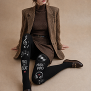 Black Music Tights Musical Notes Graphic Pantyhose H68-28