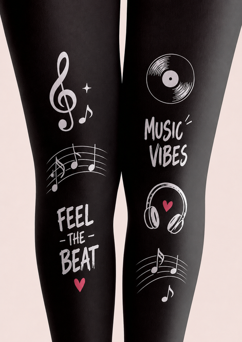 Black Music Tights Musical Notes Graphic Pantyhose H68-28