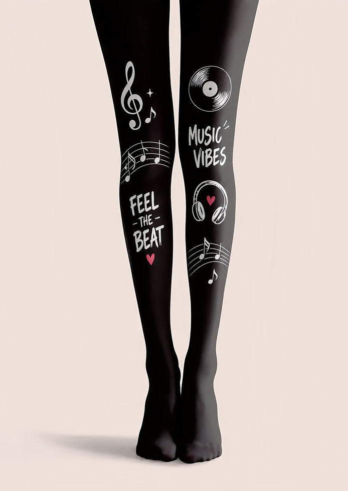 Black Music Tights Musical Notes Graphic Pantyhose H68-28