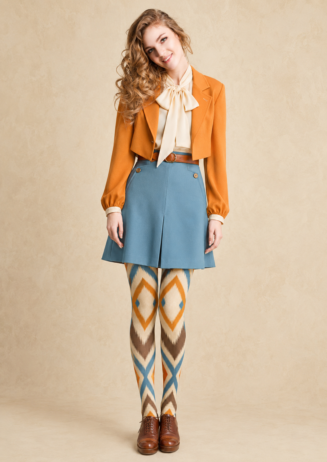 Brown Orange Geometric Argyle Tights Hosiery Pantyhose H68-29