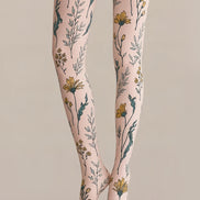 Yellow Daisy Floral Printed Tights Beige Pantyhose H68-2