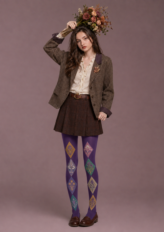 Purple Floral Diamond Tights Floral Patterned Pantyhose H68-32