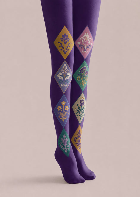 Purple Floral Diamond Tights Floral Pattern Pantyhose H68-32