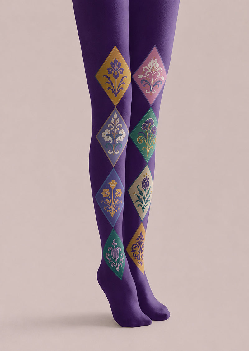 Purple Floral Diamond Tights Floral Patterned Pantyhose H68-32