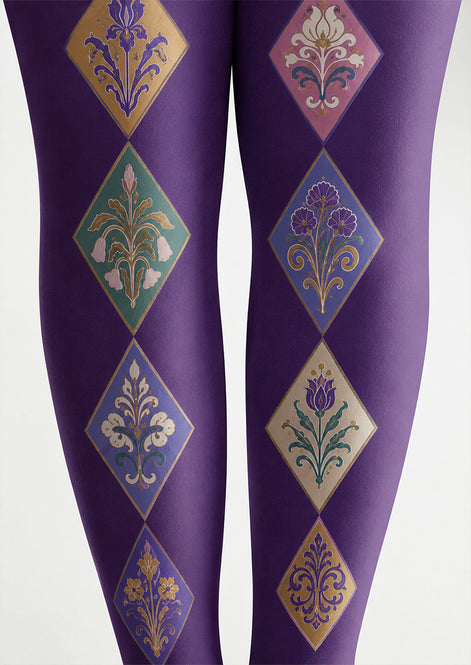 Purple Floral Diamond Tights Floral Pattern Pantyhose H68-32