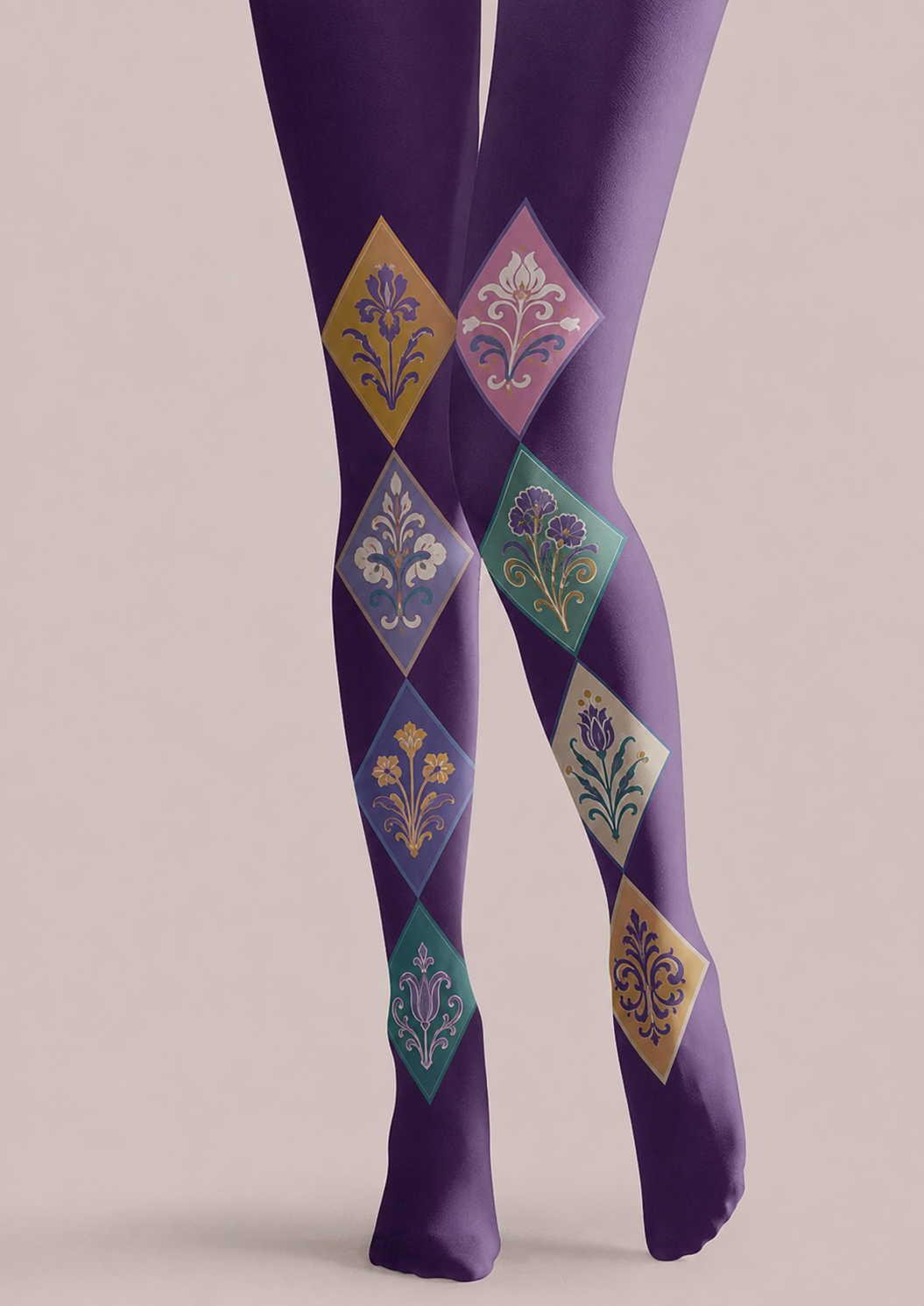 Purple Floral Diamond Tights Floral Patterned Pantyhose H68-32