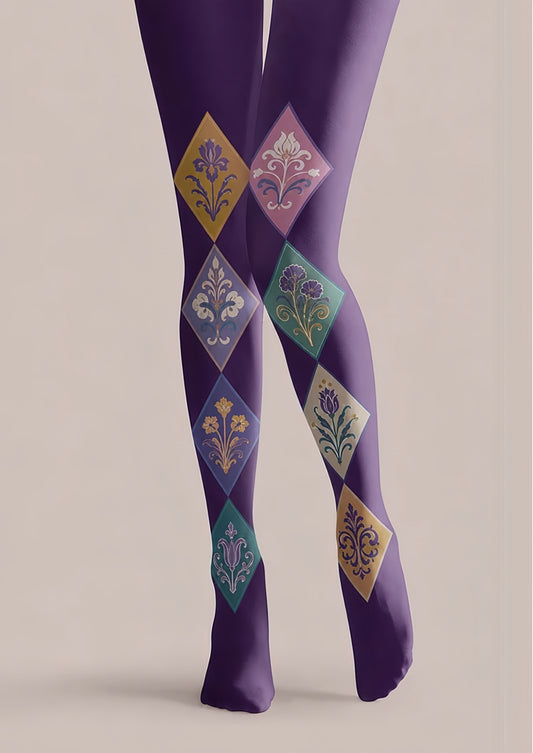 Purple Floral Diamond Tights Floral Patterned Pantyhose H68-32