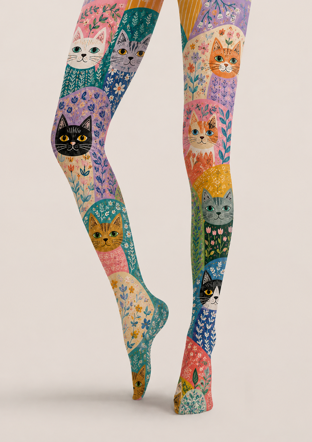 Cute Cat Floral Graphic Tights Colorful Hosiery H68-35