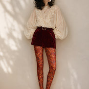 Rust Red Floral Tights Boho Botanical Patterned Pantyhose H68-41