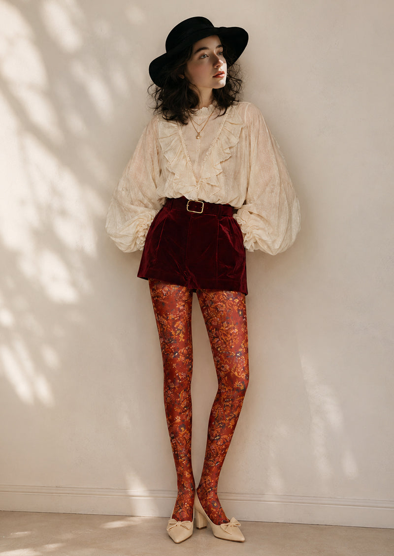 Rust Red Floral Tights Boho Botanical Patterned Pantyhose H68-41