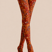 Rust Red Floral Tights Boho Botanical Patterned Pantyhose H68-41