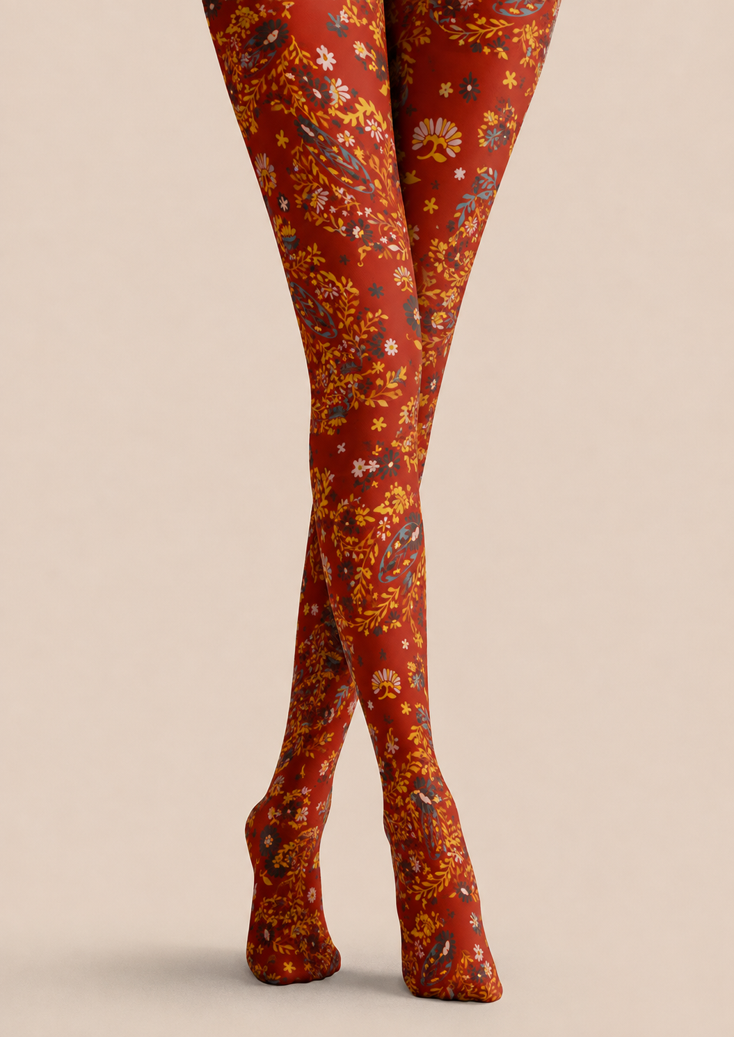 Rust Red Floral Tights Boho Botanical Patterned Pantyhose H68-41