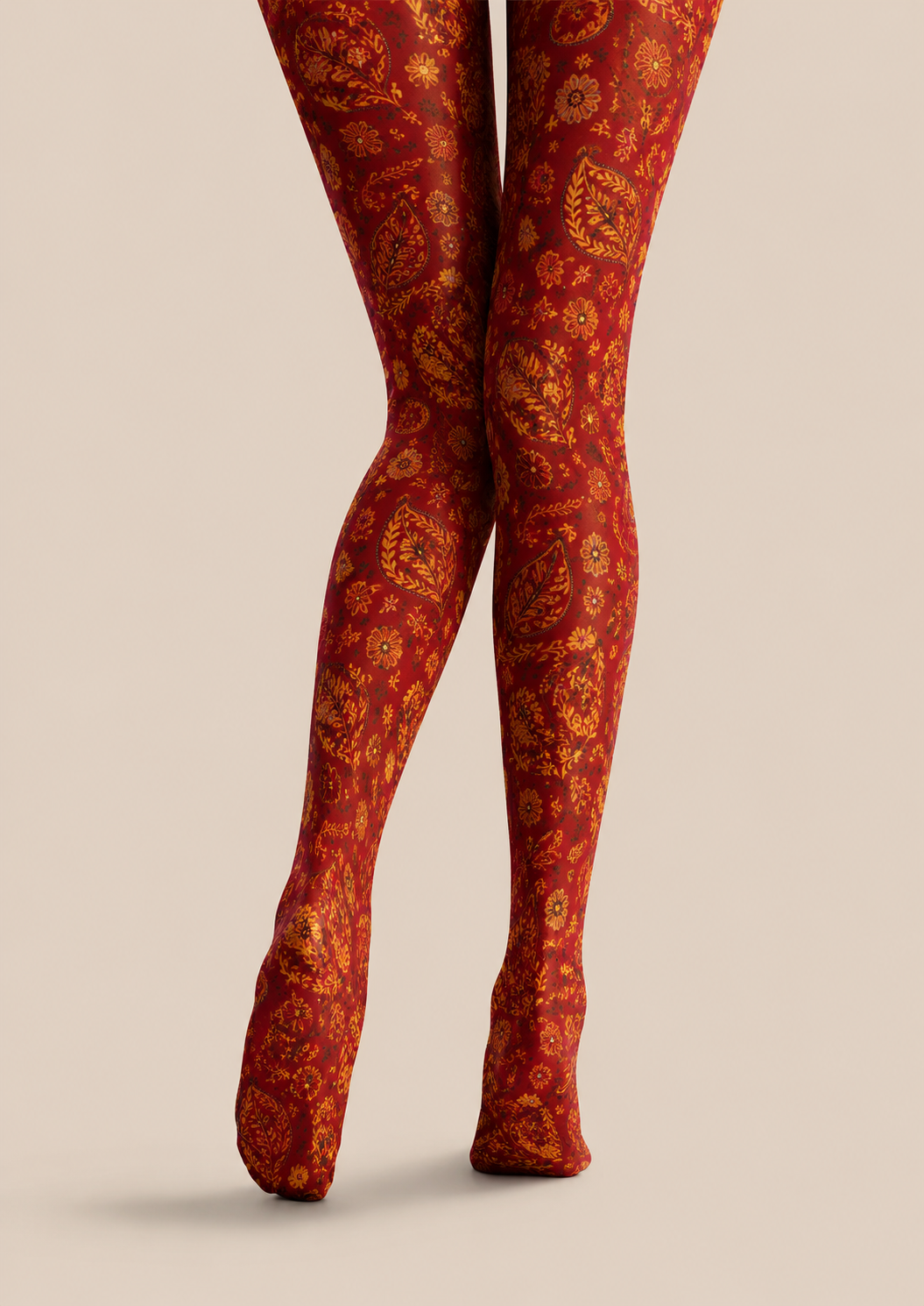 Rust Red Floral Tights Boho Botanical Patterned Pantyhose H68-41