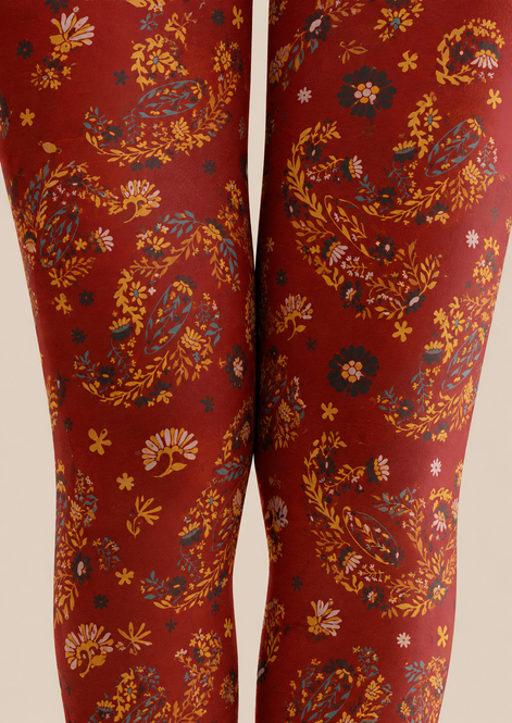 Rust Red Floral Tights Boho Botanical Patterned Pantyhose H68-41