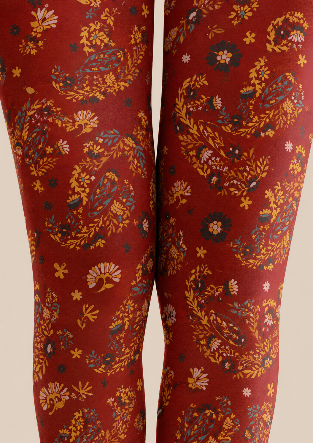 Rust Red Floral Tights Boho Botanical Patterned Pantyhose H68-41