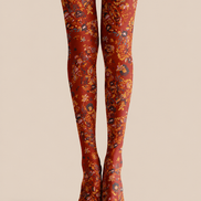 Rust Red Floral Tights Boho Botanical Patterned Pantyhose H68-41