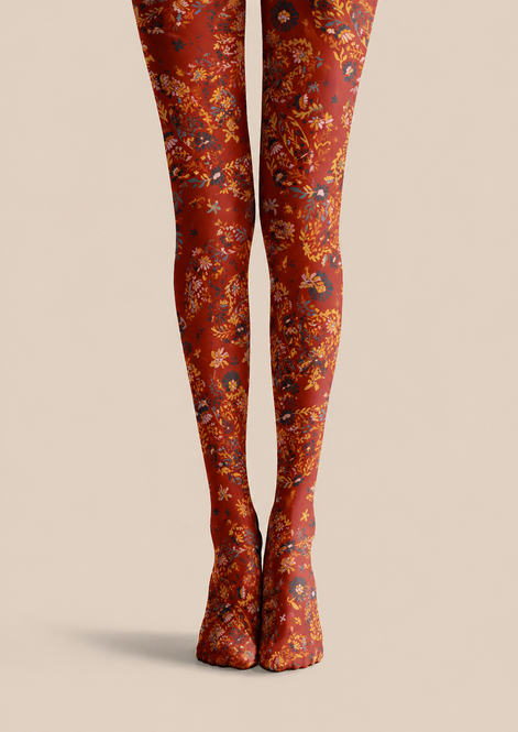 Rust Red Floral Tights Boho Botanical Patterned Pantyhose H68-41
