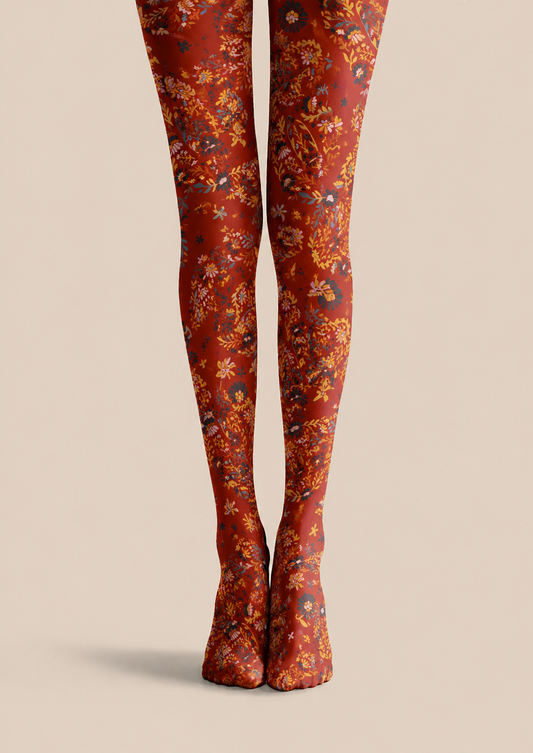 Rust Red Floral Tights Boho Botanical Patterned Pantyhose H68-41