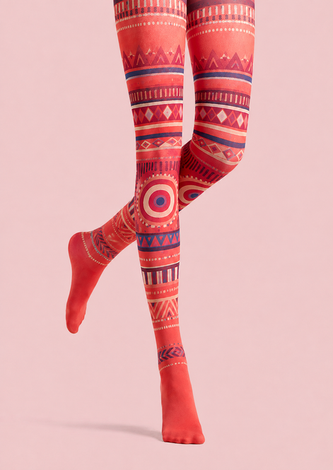 Boho Geometric Red Tights Folk Art Pantyhose H68-43