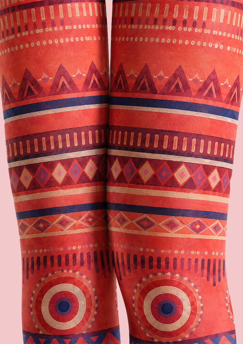 Boho Geometric Red Tights Folk Art Pantyhose H68-43