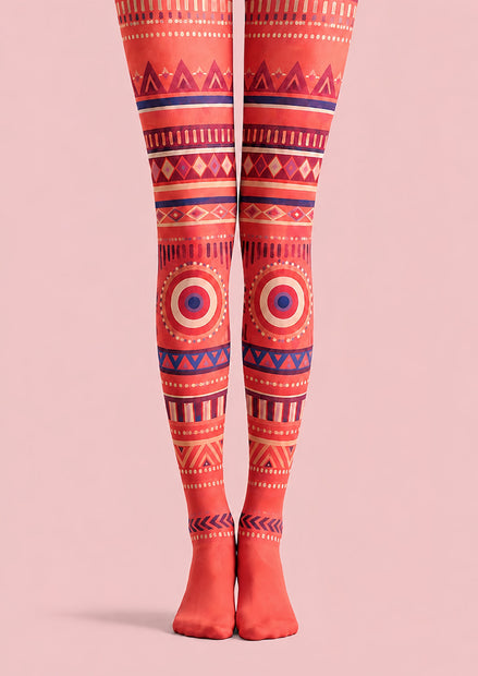 Boho Geometric Red Tights Folk Art Pantyhose H68-43