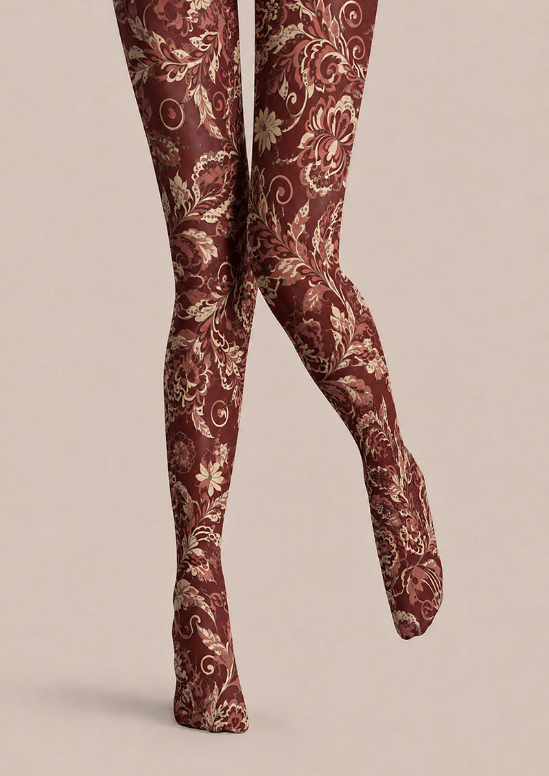 Red Vintage Floral Tights Elegant Paisley Pantyhose H68-44