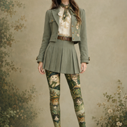 Green Cat Print Tights Vintage Art Pantyhose H68-46