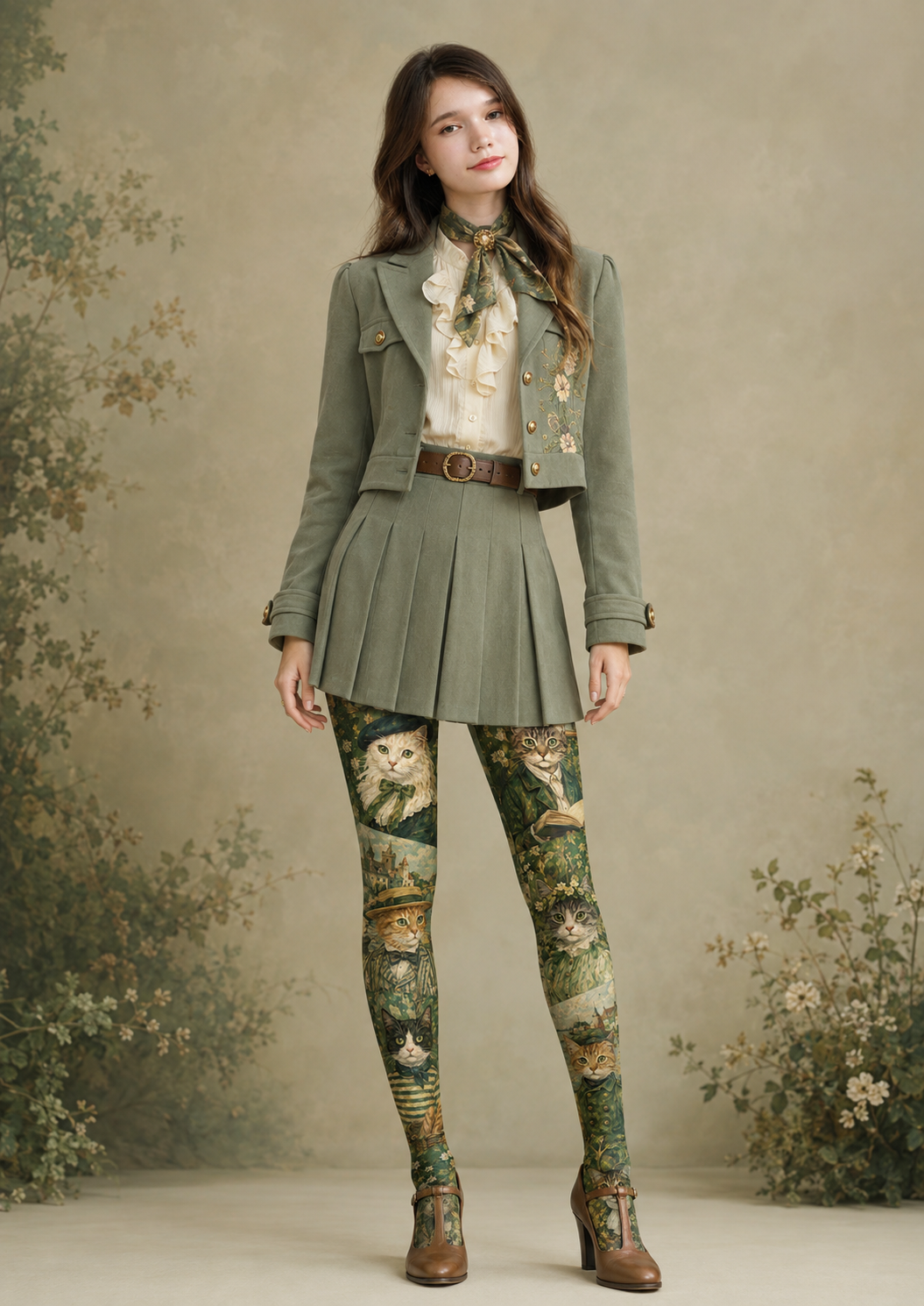 Green Cat Print Tights Vintage Art Pantyhose H68-46