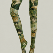 Green Cat Print Tights Vintage Art Pantyhose H68-46