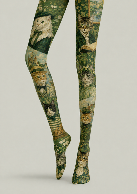 Green Cat Print Tights Vintage Art Pantyhose H68-46