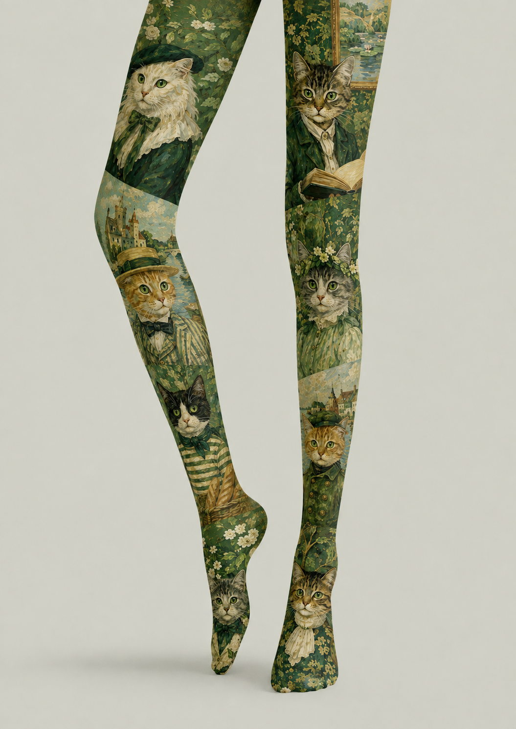 Green Cat Print Tights Vintage Art Pantyhose H68-46
