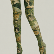 Green Cat Print Tights Vintage Art Pantyhose H68-46