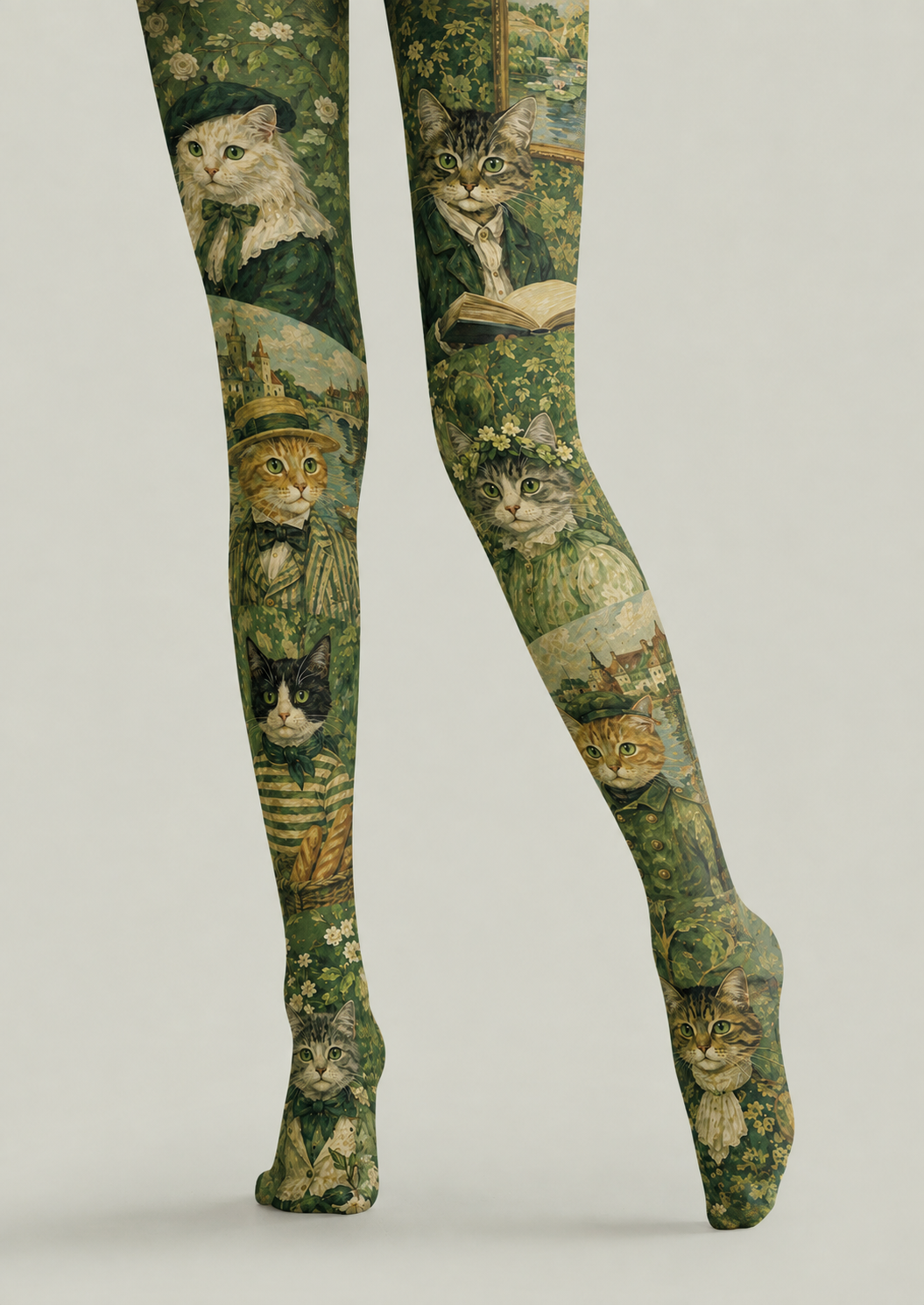 Green Cat Print Tights Vintage Art Pantyhose H68-46