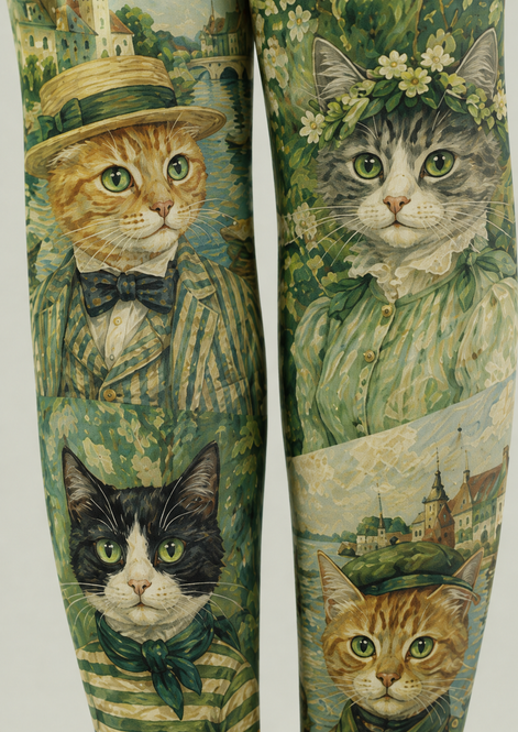 Green Cat Print Tights Vintage Art Pantyhose H68-46